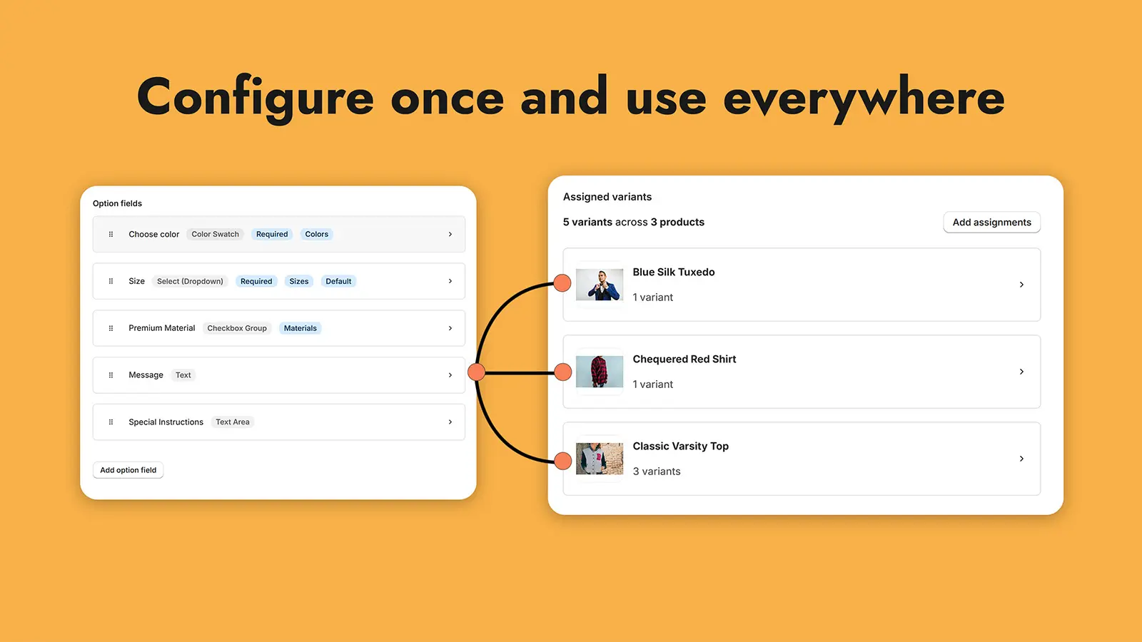 The assignments view, where one option set is assigned to a list of products.